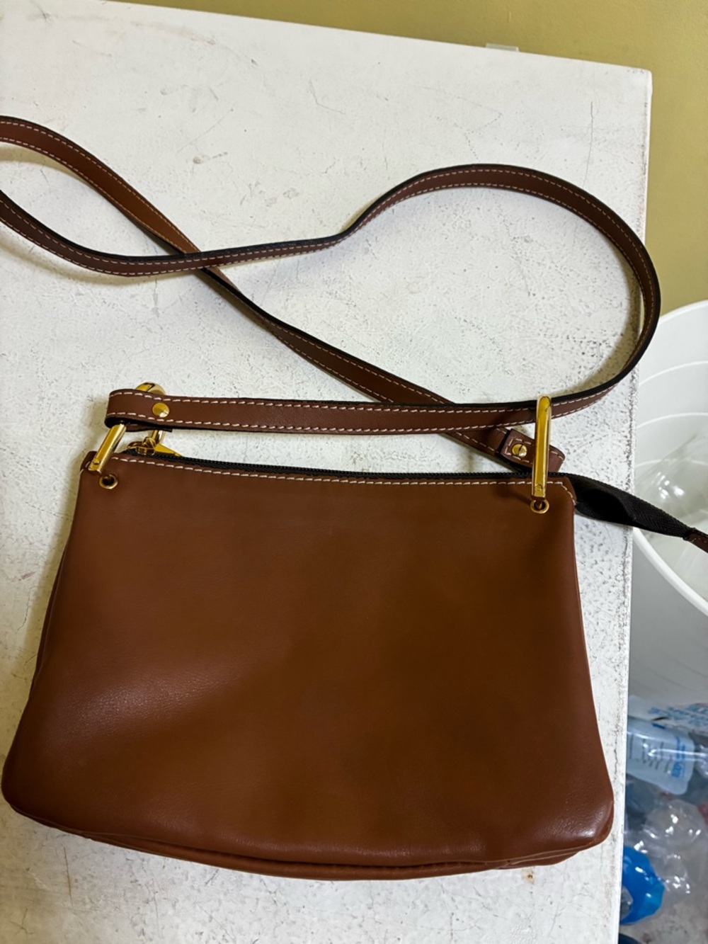Brown Leather Crossbody Bag with Gold Hardware, leather strap is 44”